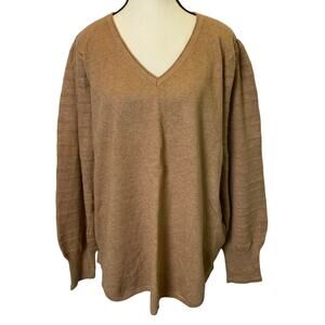 Chico's Women's Cashmere Blend Balloon Sleeve V Neck Sweater Size XXL Brown‎